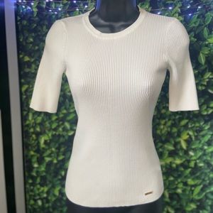 Tahari White Ribbed Short Sleeve Sweater